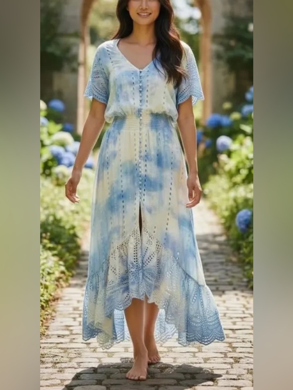YFB Blue & Cream Tie-Dye Hi-Lo Eyelet Maxi Dress - Large